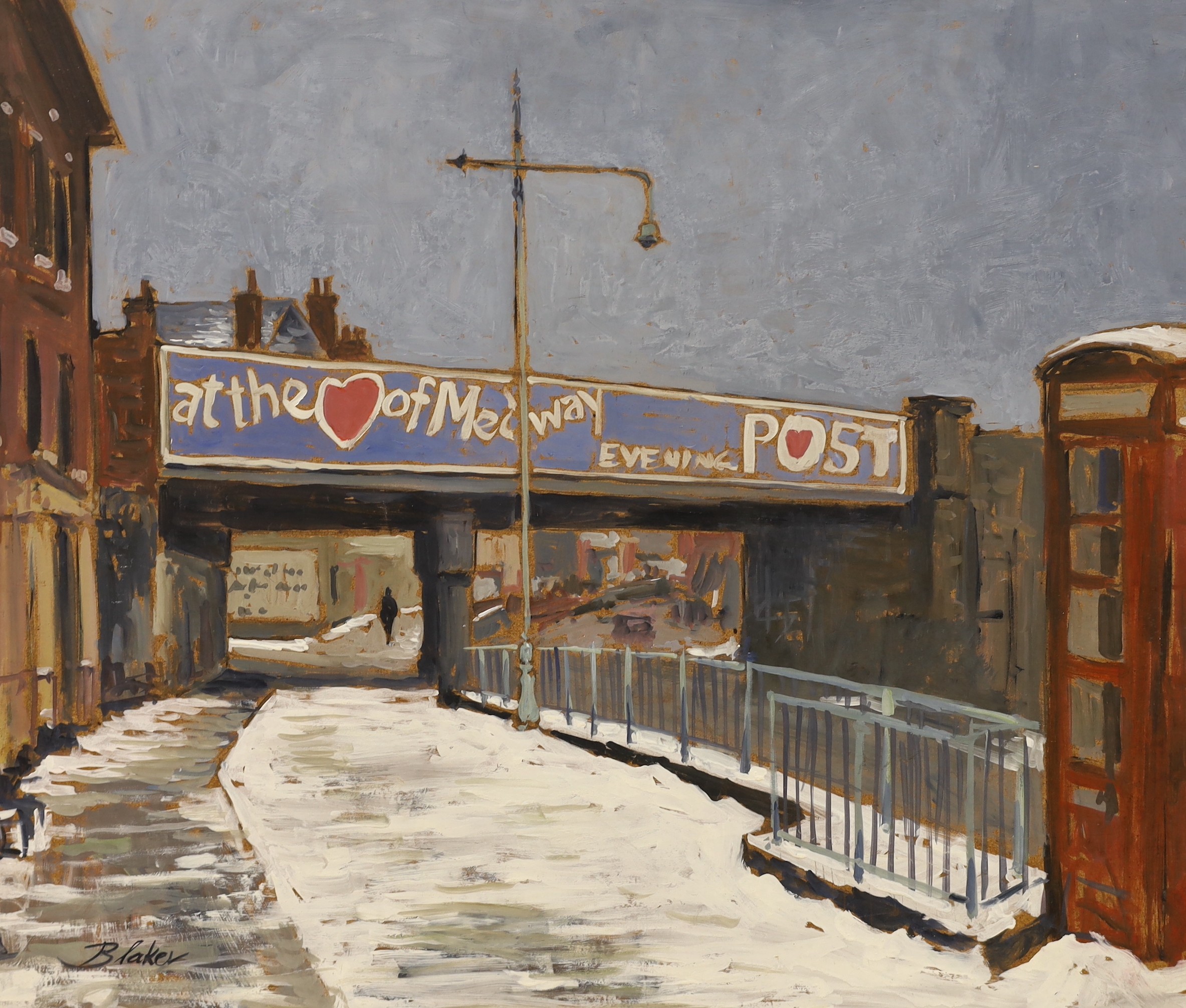 Michael Blaker (1928-2018), oil on board, 'Railway bridge over the High Street, Rochester', signed, 50 x 61cm, unframed